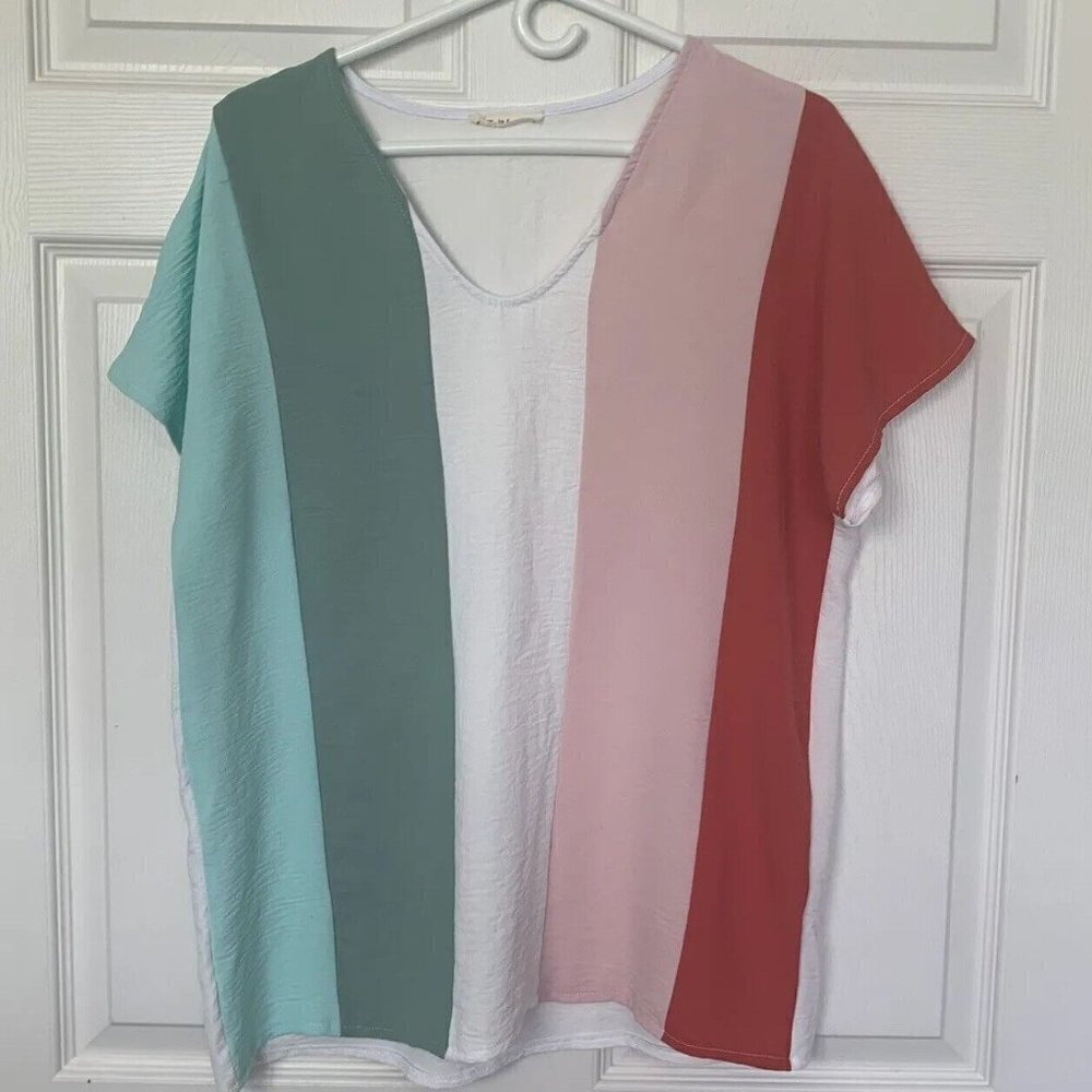 Reb & J 220 Top Medium Multicolor Stripe Colorblock Short Sleeve Tunic Vintage